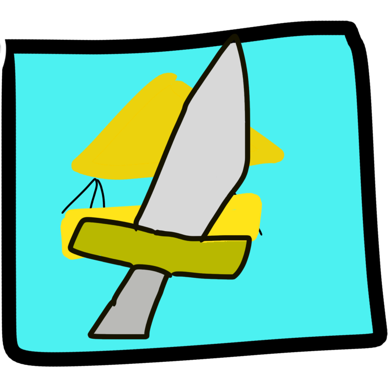 a simplified version of the logo for TempleOS.  It shows a pyramid like shape with a large sword overlaid across it. The text in the real logo has been replaced with a yellow bar. The background is very bright cyan.